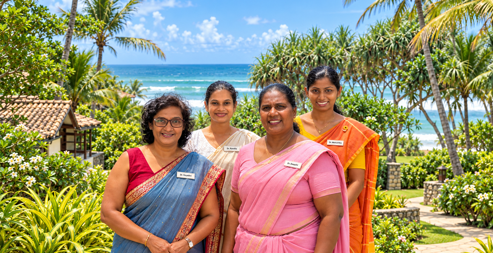 Die vier Ärztinnen des Lanka Ayurveda Garden und der Shakti Villa sehen im Hotelgarten der Shakti Villa auf Sri Lanka.